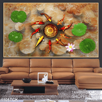 Tranh cá chép quần tụ và lá sen