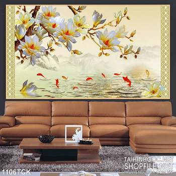 Tranh hoa trắng và cá chép
