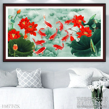 Tranh cá chép đỏ và hoa sen đỏ
