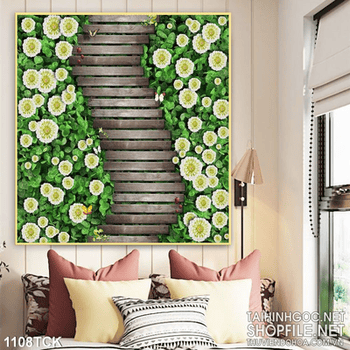 Tranh cây cầu gỗ và hoa trắng