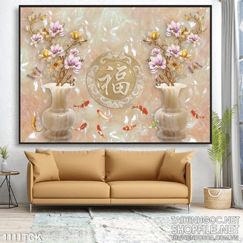 Tranh in uv giả ngọc chữ phúc và cá chép