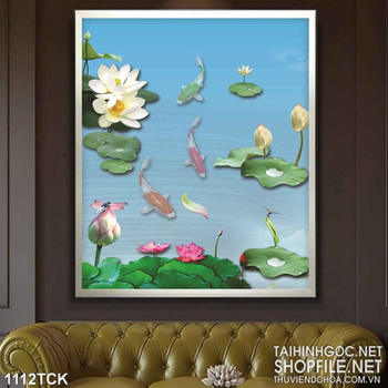 Tranh trường thợ hoa sen và cá chép