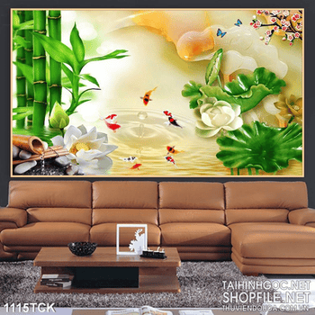 Tranh cây hoa sen giả ngọc màu trắng và cá chép