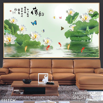 Tranh hoa sen, cá chép thư pháp nghệ thuật