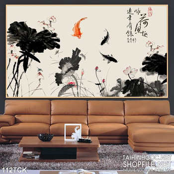 Tranh hoa sen, cá chép thư pháp