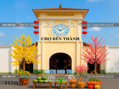 File tranh phông nền background tết chợ bến thành sài gòn mai đào xuân 1134VTT