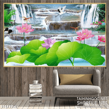 Tranh hoa sen và thác nước