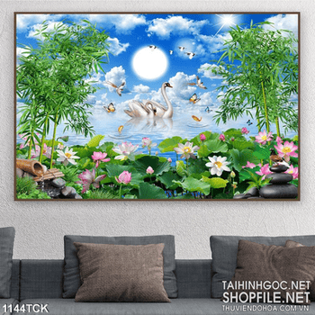 Tranh phong cảnh hoa sen và thiên nga