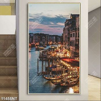 Tranh thành phố bên sông lung linh ánh đèn