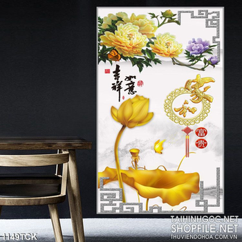 Tranh thư pháp hoa sen và mẫu đơn