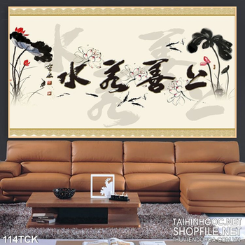 Tranh hoa sen thư pháp treo tường