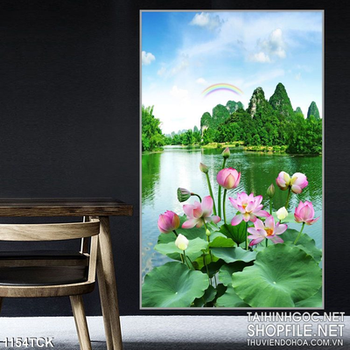 Tranh hoa sen và núi