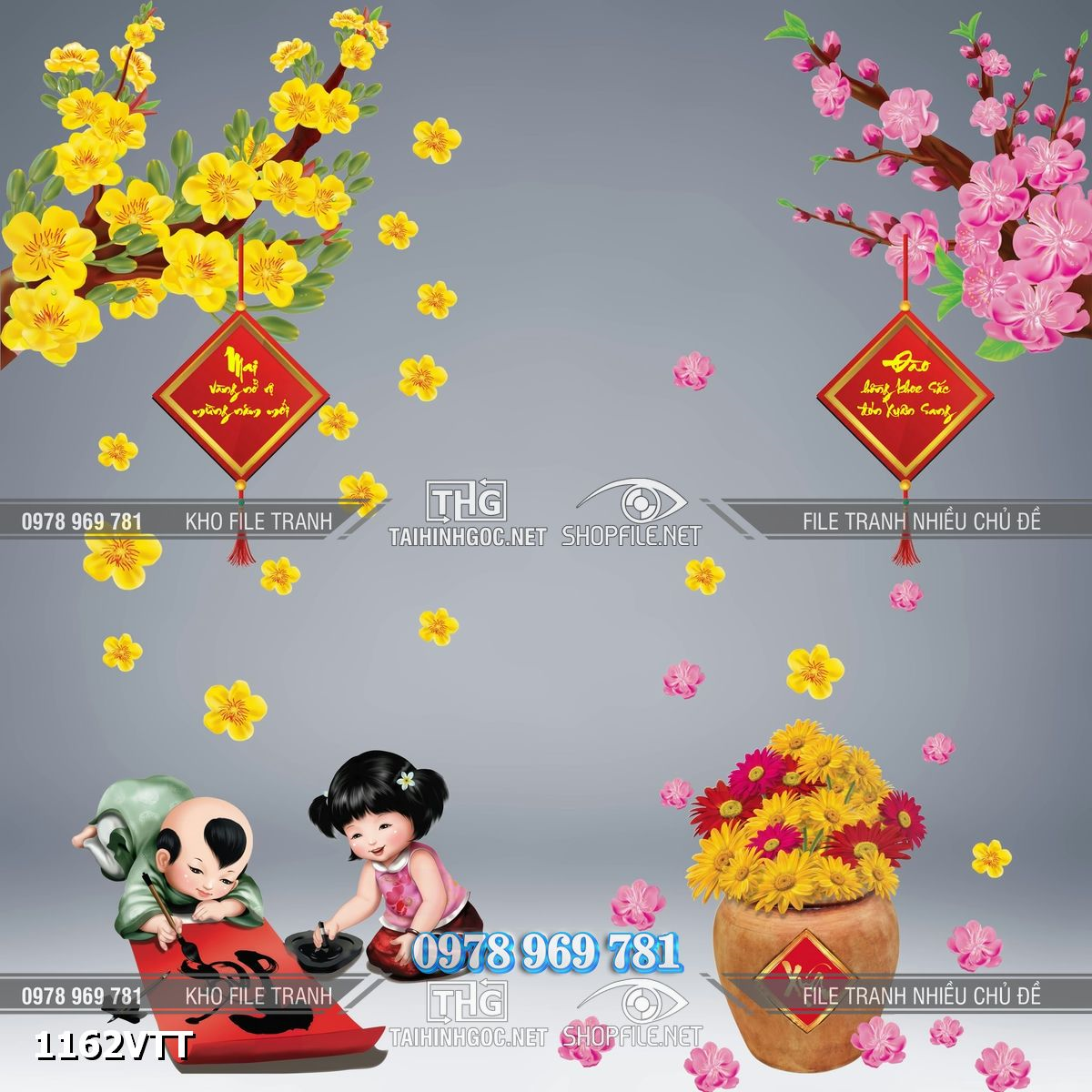 File tách lớp decal tết dán kính trang trí tết mai đào 1162VTT