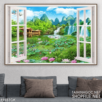Tranh cửa sổ phong cảnh hoa sen