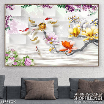 Tranh tường hoa sen và cá chép đẹp