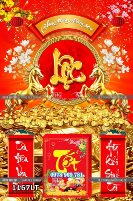File lịch tết chữ lộc thư pháp 2 con ngựa vàng phát lộc 1167LT