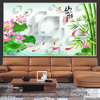 Tranh hoa sen, cá chép thư pháp phong thủy