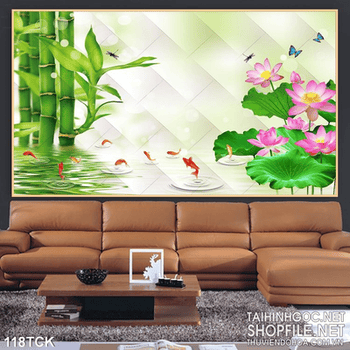 Tranh hoa sen, cá chép trang trí spa