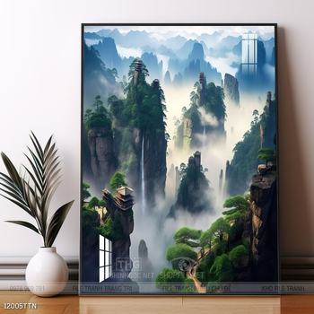 Tranh phon thủy sông, núi và mặt trời