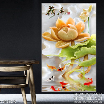 Tranh hoa sen giả ngọc và cá chép