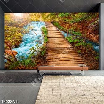 Tranh cây cầu gỗ đi qua suối nước