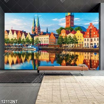 Tranh những ngôi nhà nhiều sắc màu bên sông