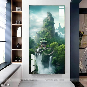 Tranh phon thủy sông, núi và mặt trời