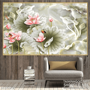 Tranh sen đẹp màu trắng xanh nhạt  thủy mặc