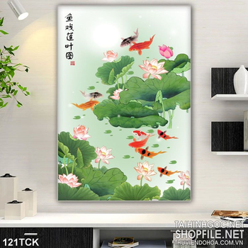 Tranh hoa sen, cá chép phong thủy đẹp