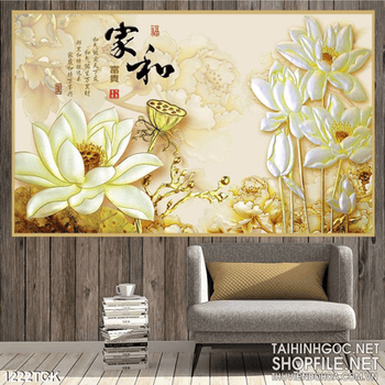 Tranh bông sen trắng nở trang trí phòng khách
