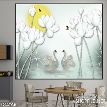 Tranh hoa sen trắng và đôi thiên nga
