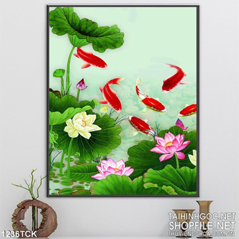 Tranh hoa sen cá chép psd