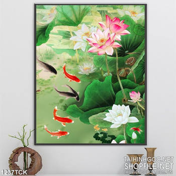 Tranh trang trí hoa sen cá chép psd