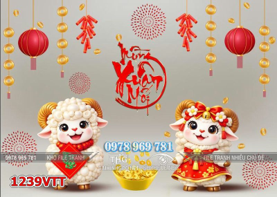 File tranh con dê ôm thỏi vàng đón xuân 1239VTT