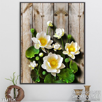 Tranh hoa sen trắng trên nền gỗ