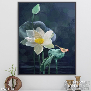 Tranh phong cảnh hồ sen trắng nghệ thuật