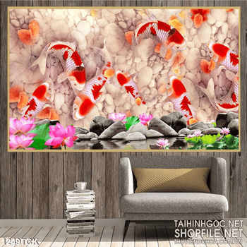 Tranh dán tường 3D hoa sen cá chép