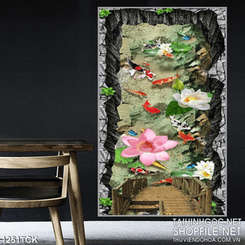 Tranh 3D cá chép và hoa sen đẹp