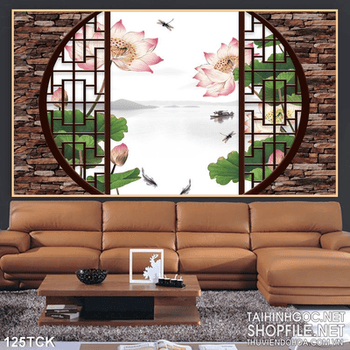 Tranh hoa sen, cá chép cửa sổ