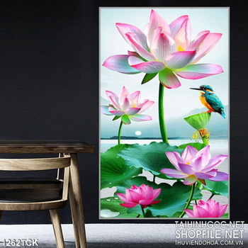 Tranh hoa sen hồng buổi sáng sớm