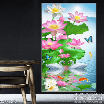 Tranh đôi thiên nga trong hồ sen