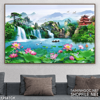 Tranh phong thủy hoa sen và thác nước