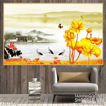 Tranh thư pháp cá chép và hoa sen vàng
