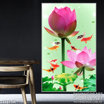 Tranh treo phòng hoa sen hồng và cá chép