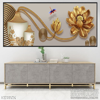 Tranh bình hoa sen vàng