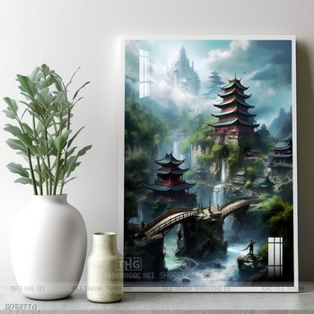 Tranh phon thủy sông, núi và mặt trời