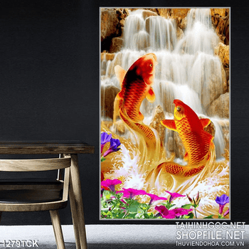Tranh cá chép và thác nước