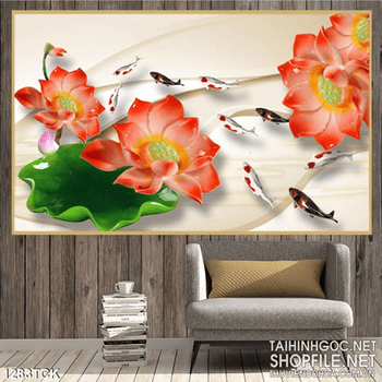 Psd tranh cá chép hoa sen