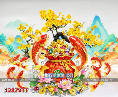 File tranh tư liệu tết 2 con cá chép tài lộc 1287VTT