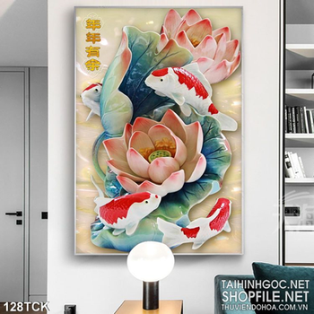 Tranh hoa sen, cá chép giả ngọc trang trí